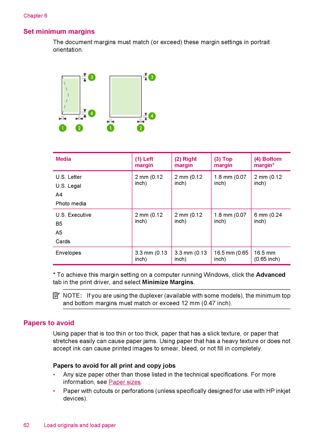 HP J5788, J5780, J5750, J5740 manual Set minimum margins, Papers to avoid for all print and copy jobs 