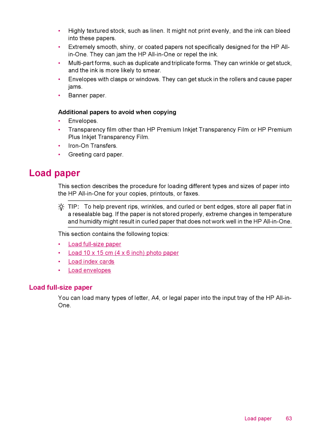 HP J5780, J5788, J5750, J5740 manual Load paper, Load full-size paper, Additional papers to avoid when copying 