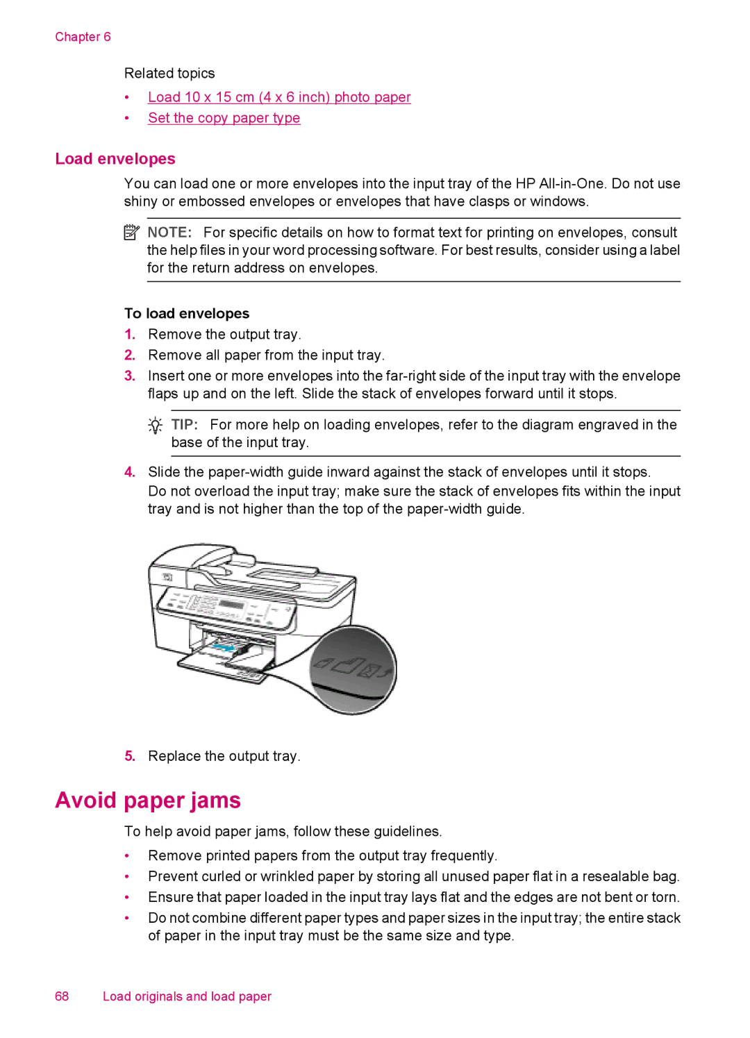 HP J5750, J5788, J5780, J5740 manual Avoid paper jams, Load envelopes, To load envelopes 