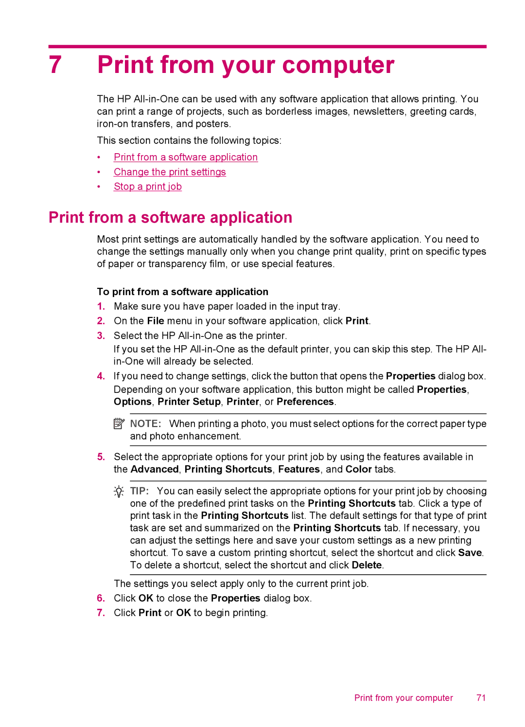 HP J5780, J5788, J5750 Print from your computer, Print from a software application, To print from a software application 