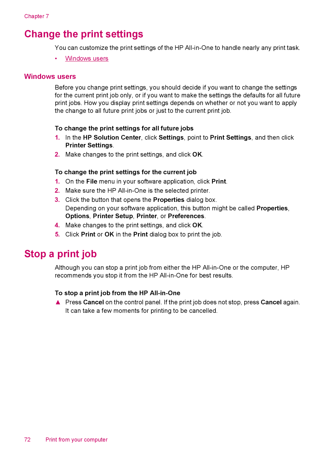 HP J5750, J5788, J5780, J5740 manual Change the print settings, Stop a print job, Windows users 