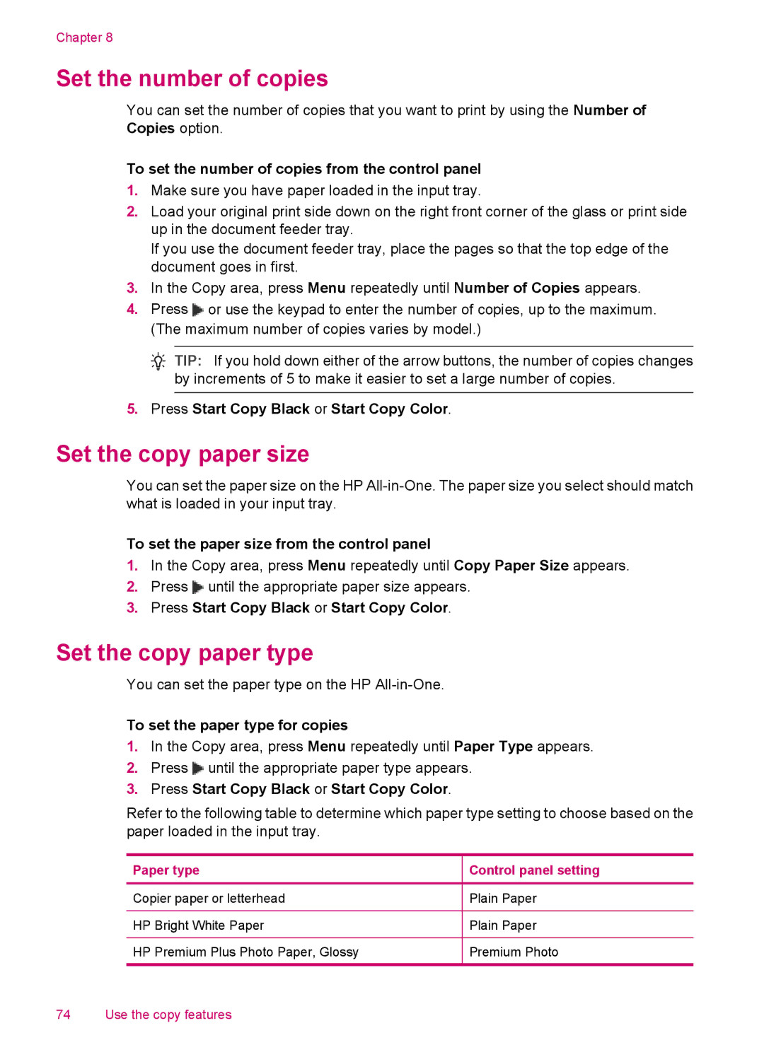 HP J5788, J5780, J5750, J5740 manual Set the number of copies, Set the copy paper size, Set the copy paper type 