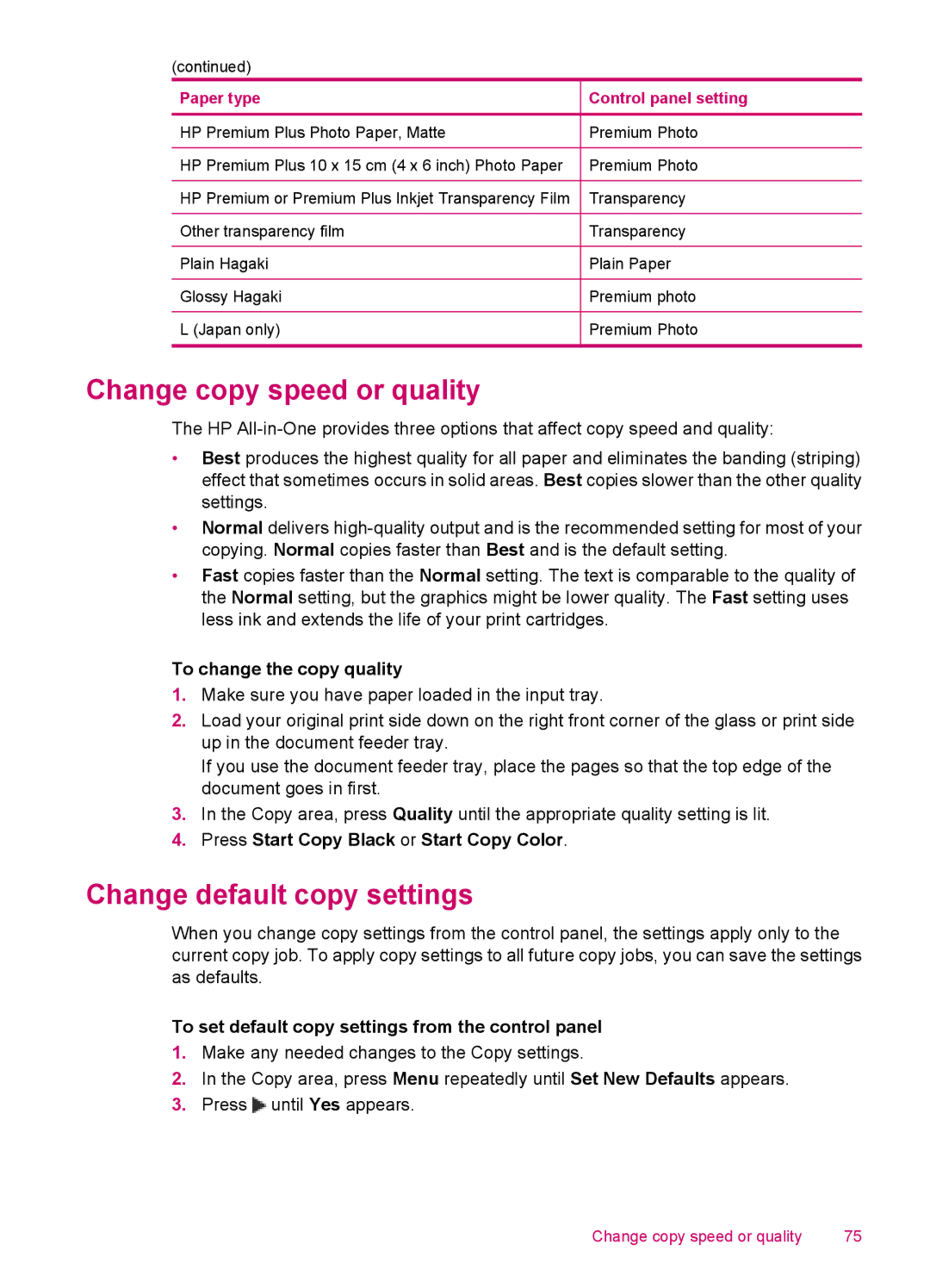 HP J5780, J5788, J5750, J5740 manual Change copy speed or quality, Change default copy settings, To change the copy quality 