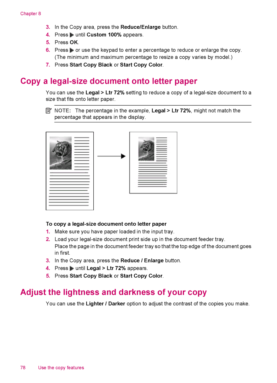 HP J5788, J5780, J5750, J5740 Copy a legal-size document onto letter paper, Adjust the lightness and darkness of your copy 