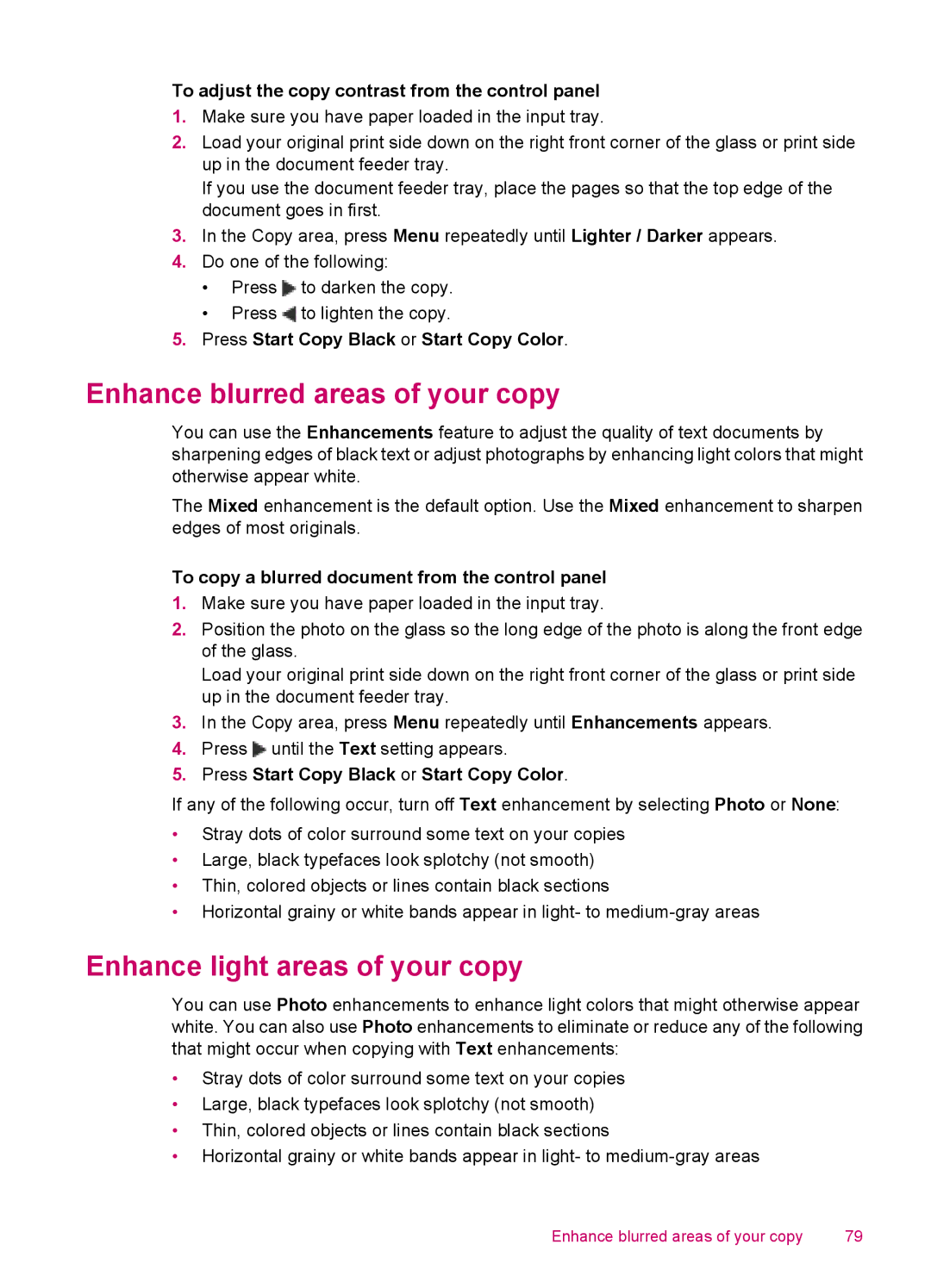 HP J5780, J5788, J5750, J5740 manual Enhance blurred areas of your copy, Enhance light areas of your copy 