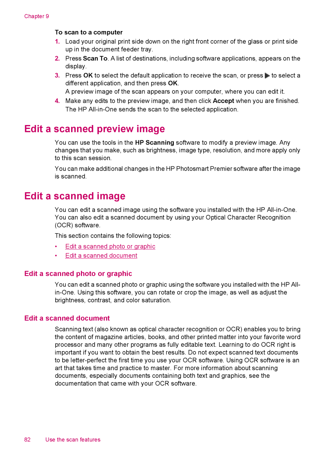 HP J5788 Edit a scanned preview image, Edit a scanned image, Edit a scanned photo or graphic, Edit a scanned document 