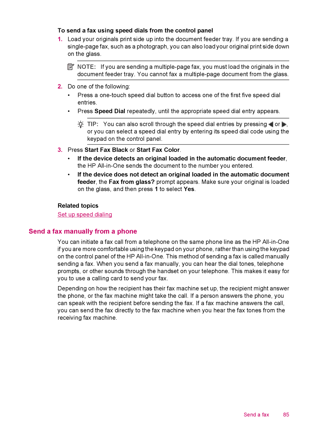 HP J5740, J5788, J5780, J5750 Send a fax manually from a phone, To send a fax using speed dials from the control panel 