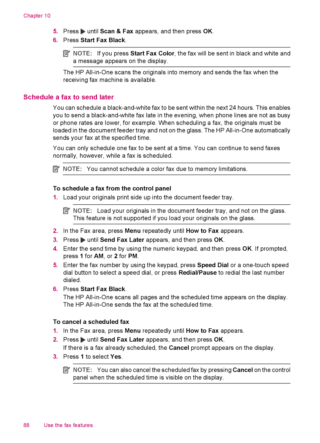 HP J5750, J5788, J5780, J5740 Schedule a fax to send later, Press Start Fax Black, To schedule a fax from the control panel 