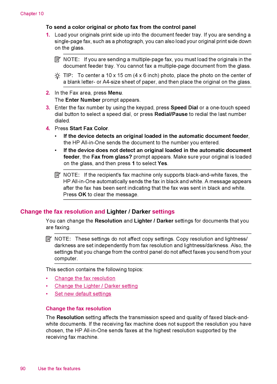 HP J5788, J5780, J5750, J5740 manual Change the fax resolution and Lighter / Darker settings 