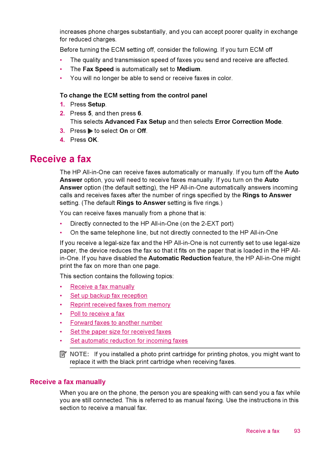 HP J5740, J5788, J5780, J5750 Receive a fax manually, To change the ECM setting from the control panel 