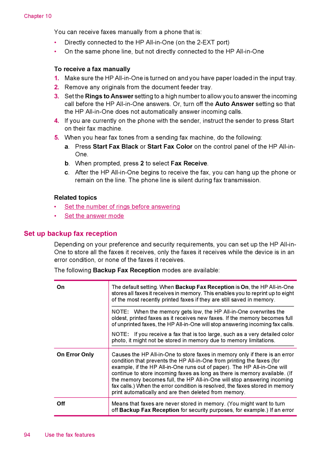 HP J5788, J5780, J5750, J5740 Set up backup fax reception, To receive a fax manually 