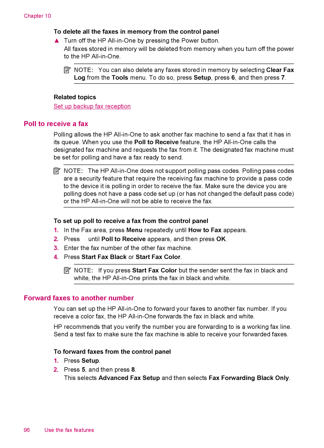 HP J5750, J5788, J5780, J5740 manual Poll to receive a fax, Forward faxes to another number 