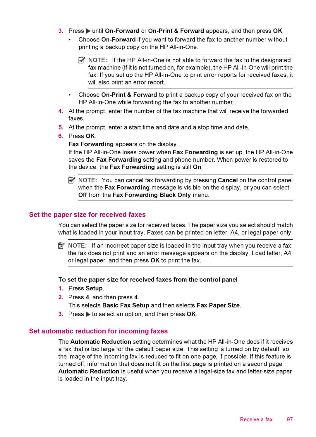 HP J5740, J5788, J5780, J5750 manual Set the paper size for received faxes, Set automatic reduction for incoming faxes 