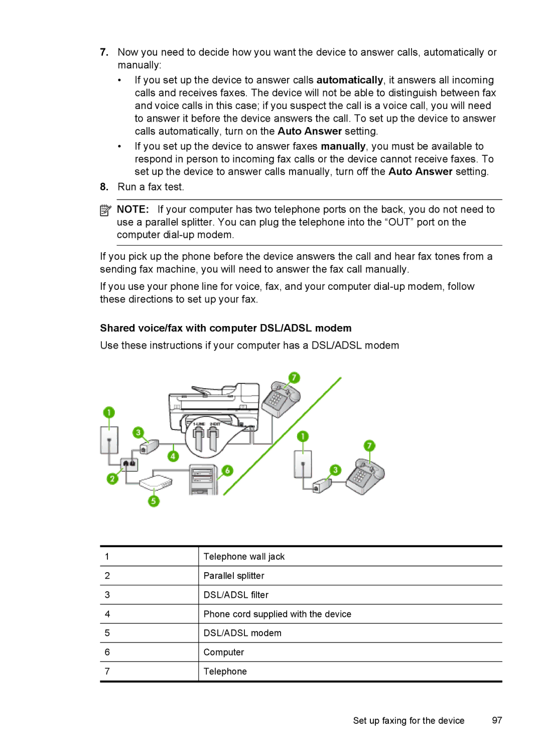 HP J6400 manual Shared voice/fax with computer DSL/ADSL modem 