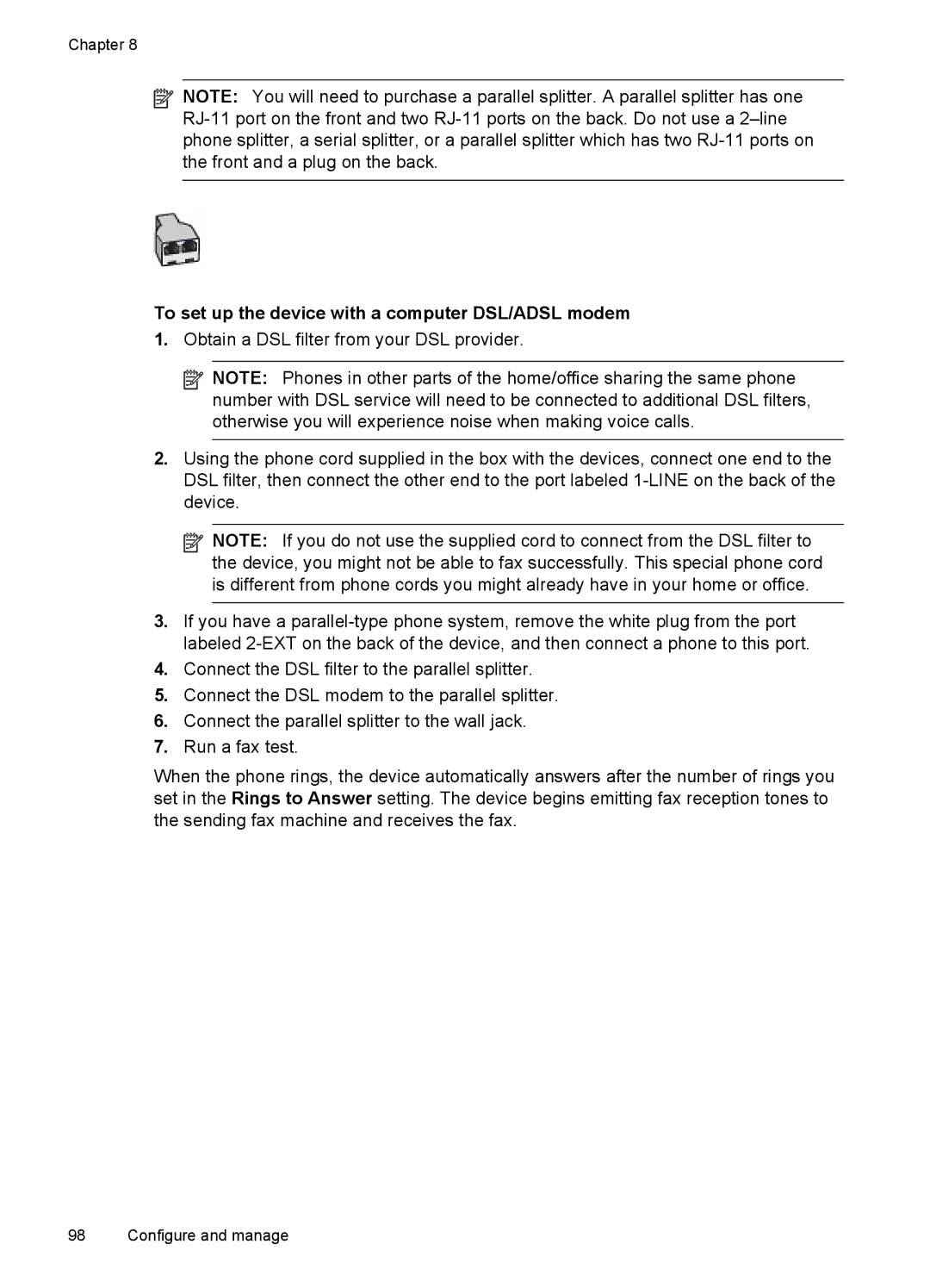 HP J6400 manual To set up the device with a computer DSL/ADSL modem 