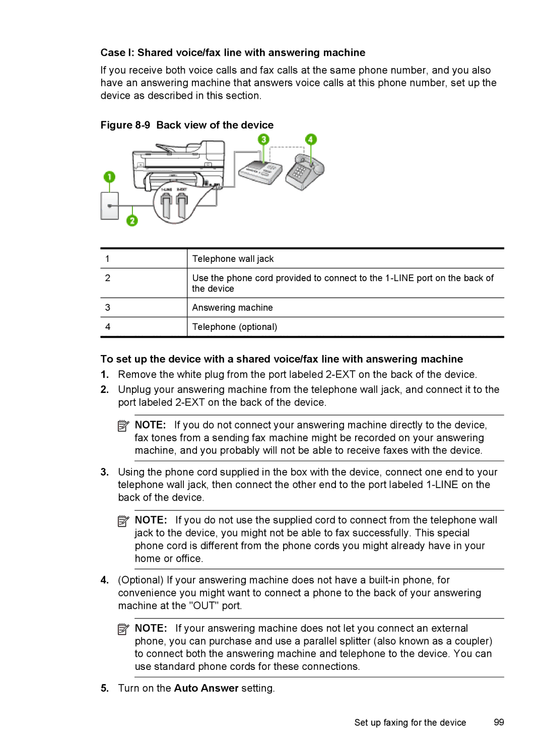 HP J6400 manual Case I Shared voice/fax line with answering machine, Back view of the device 