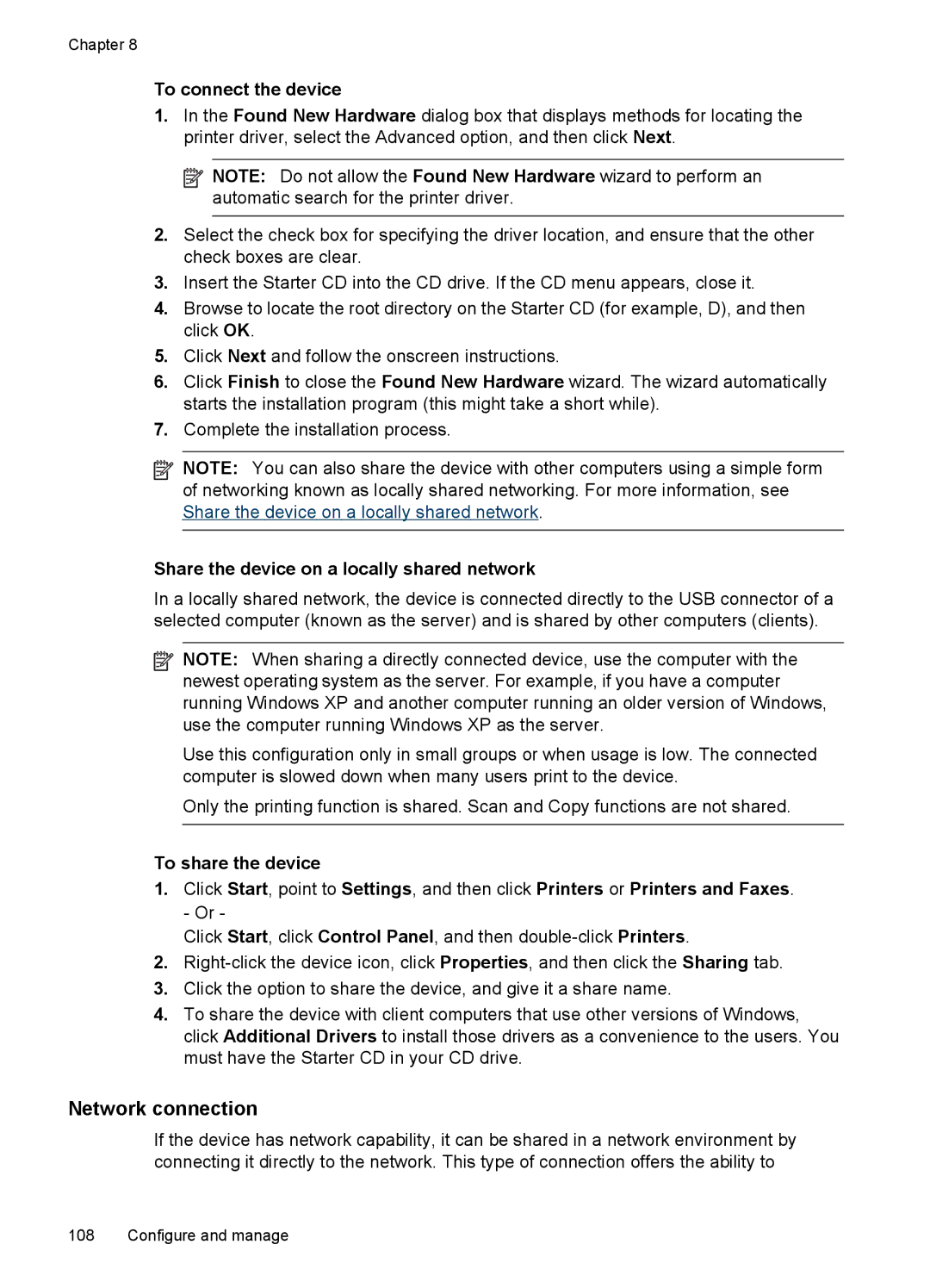 HP J6400 manual Network connection, To connect the device, Share the device on a locally shared network 