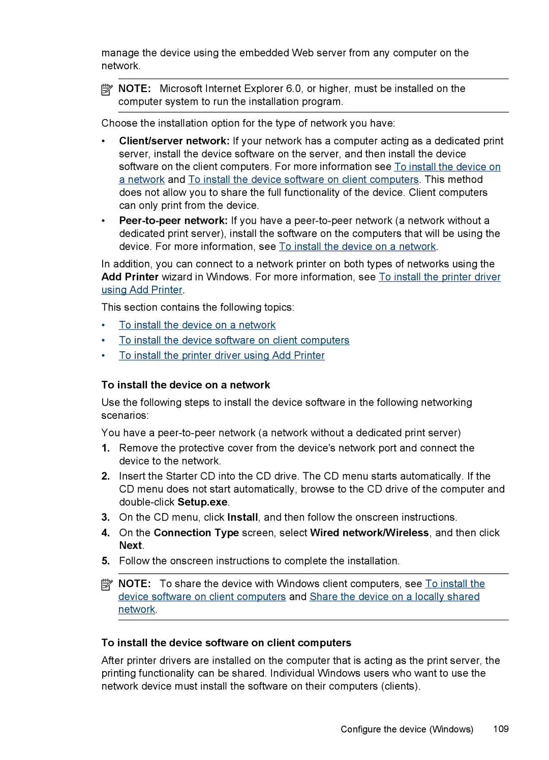 HP J6400 manual To install the device on a network, To install the device software on client computers 