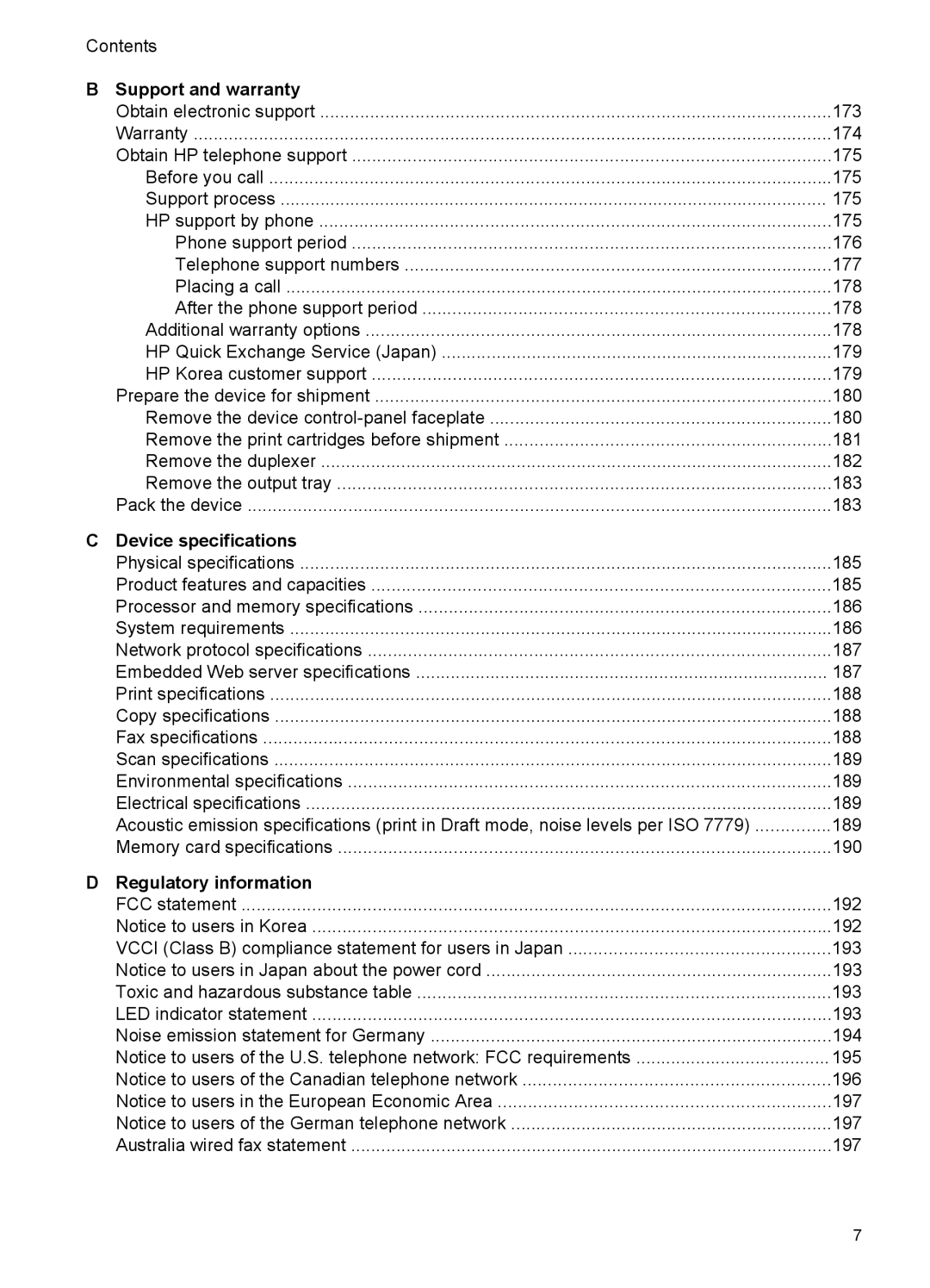 HP J6400 manual Support and warranty, Device specifications, Regulatory information 