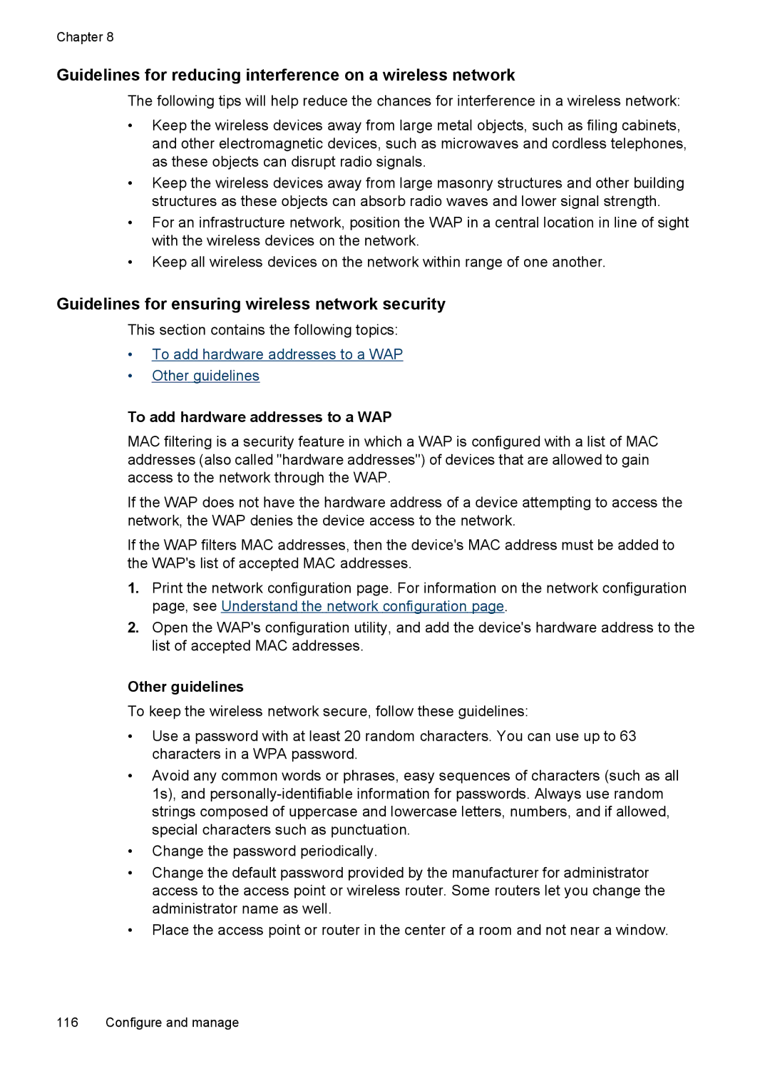 HP J6400 Guidelines for reducing interference on a wireless network, Guidelines for ensuring wireless network security 