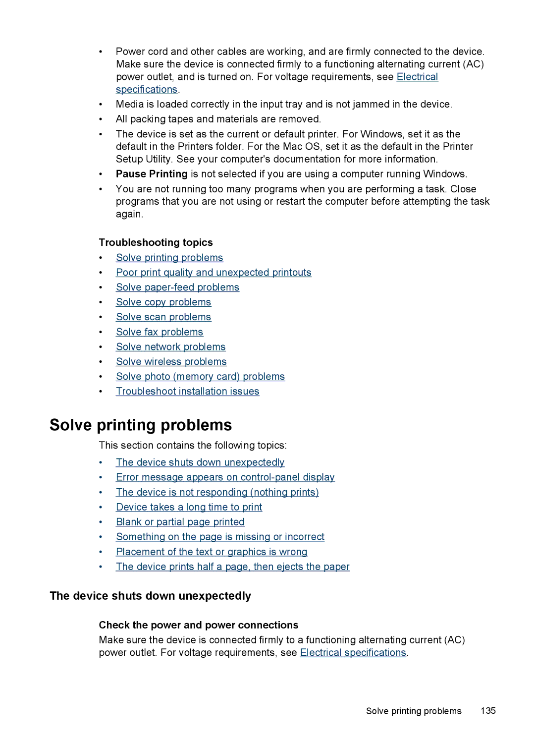 HP J6400 manual Solve printing problems, Device shuts down unexpectedly, Troubleshooting topics 