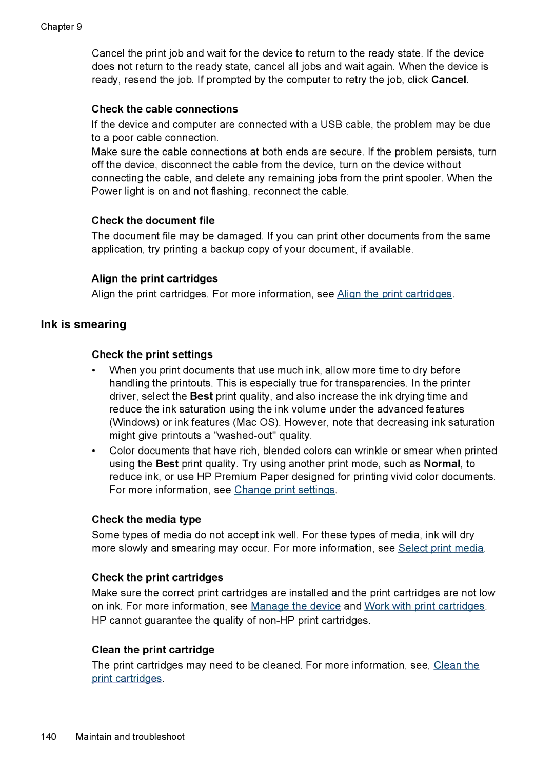 HP J6400 manual Ink is smearing, Check the document file, Check the print settings, Check the media type 