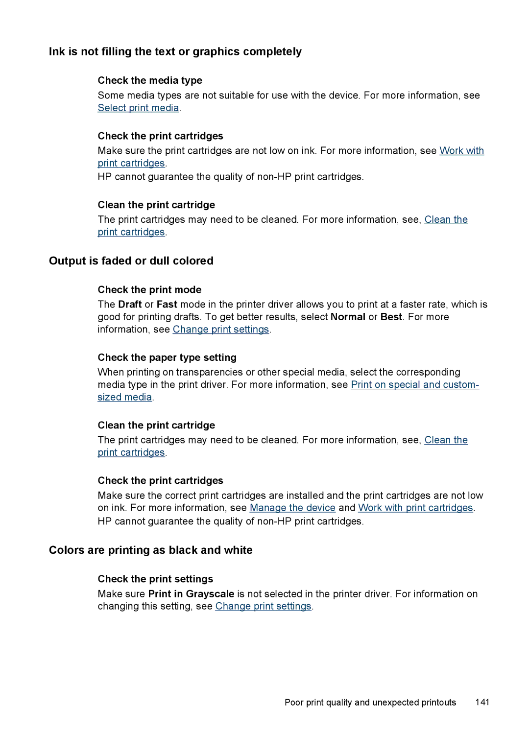 HP J6400 manual Ink is not filling the text or graphics completely, Output is faded or dull colored, Check the print mode 