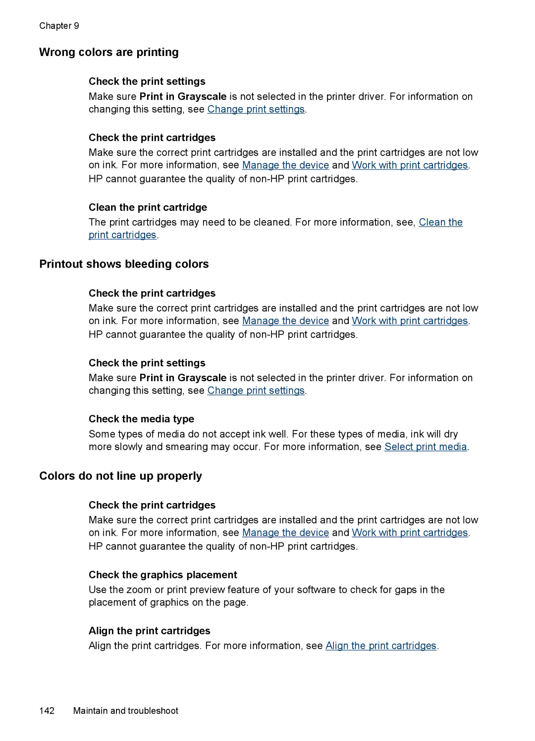 HP J6400 manual Wrong colors are printing, Printout shows bleeding colors, Colors do not line up properly 