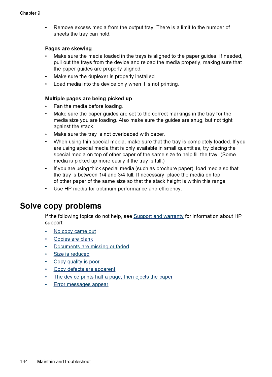 HP J6400 manual Solve copy problems, Pages are skewing, Multiple pages are being picked up 