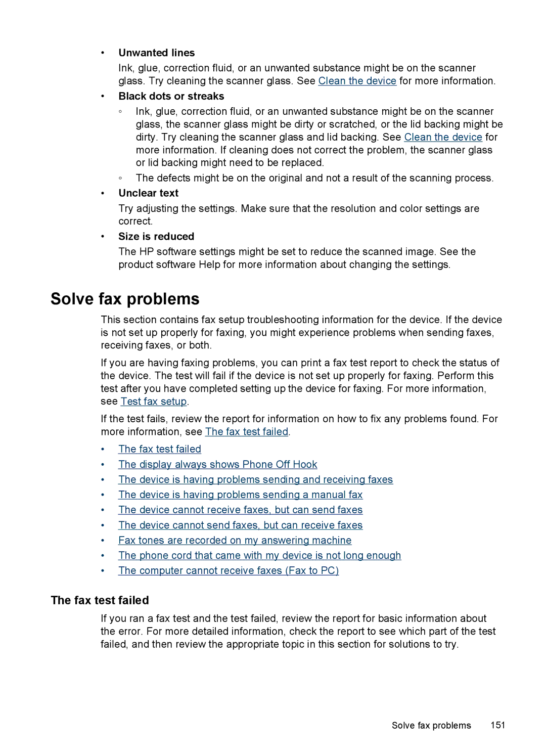 HP J6400 manual Solve fax problems, Fax test failed, Size is reduced 