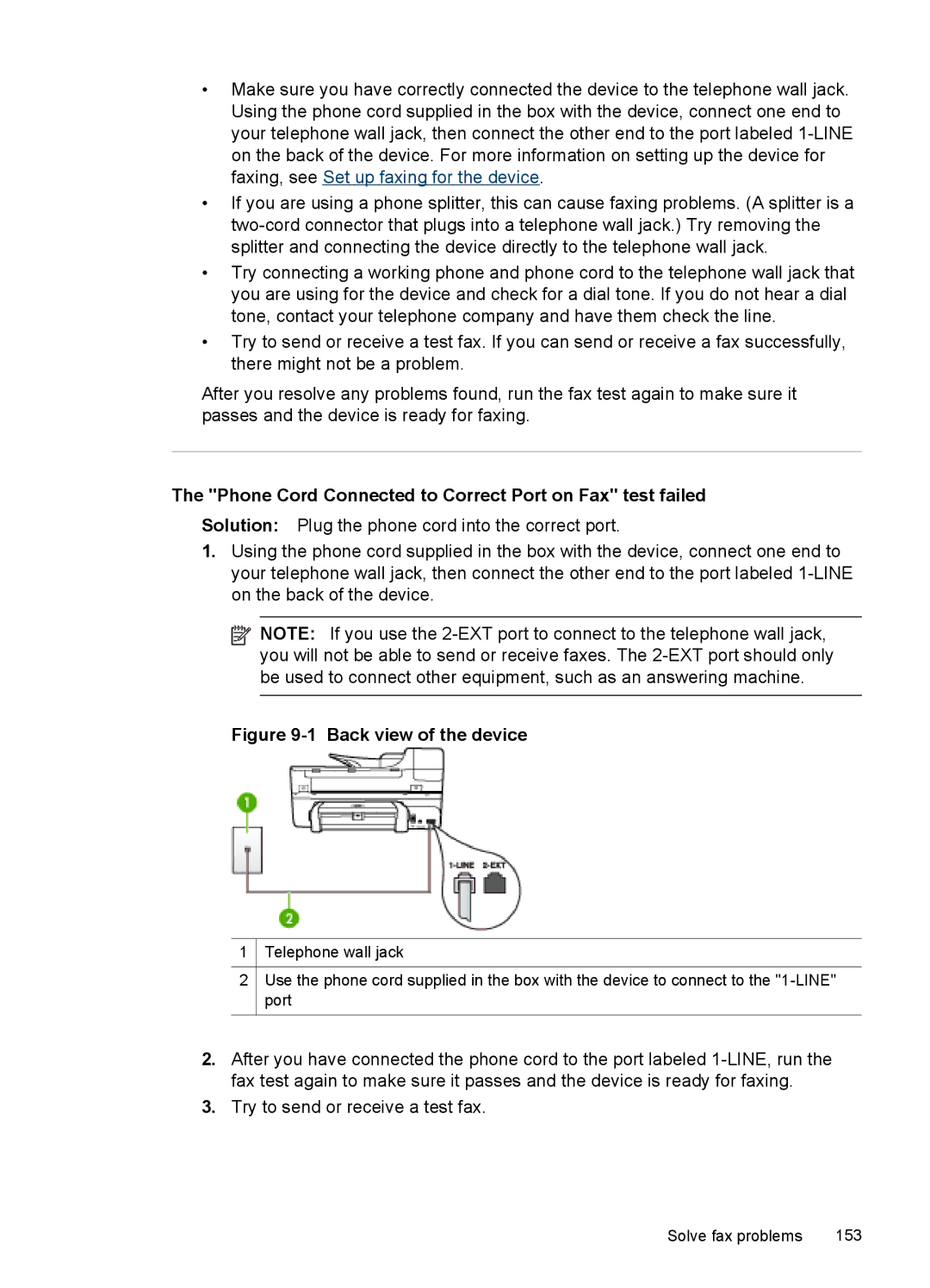 HP J6400 manual Phone Cord Connected to Correct Port on Fax test failed, Back view of the device 