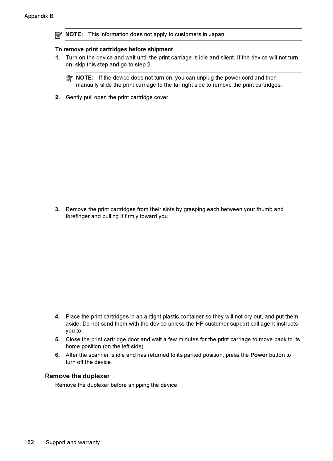 HP J6400 manual Remove the duplexer, To remove print cartridges before shipment 