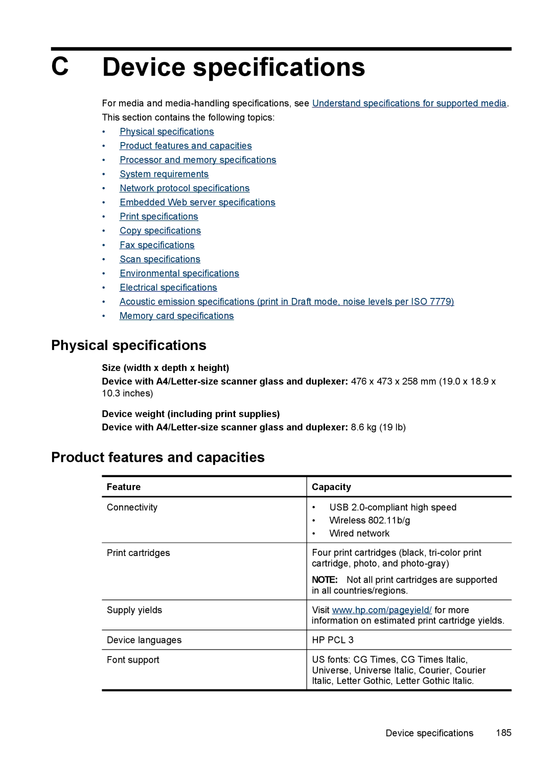 HP J6400 manual Device specifications, Physical specifications, Product features and capacities, Feature Capacity 