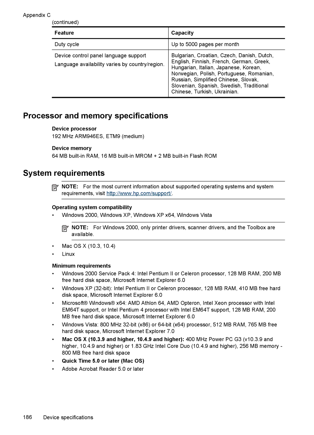 HP J6400 manual Processor and memory specifications, System requirements 