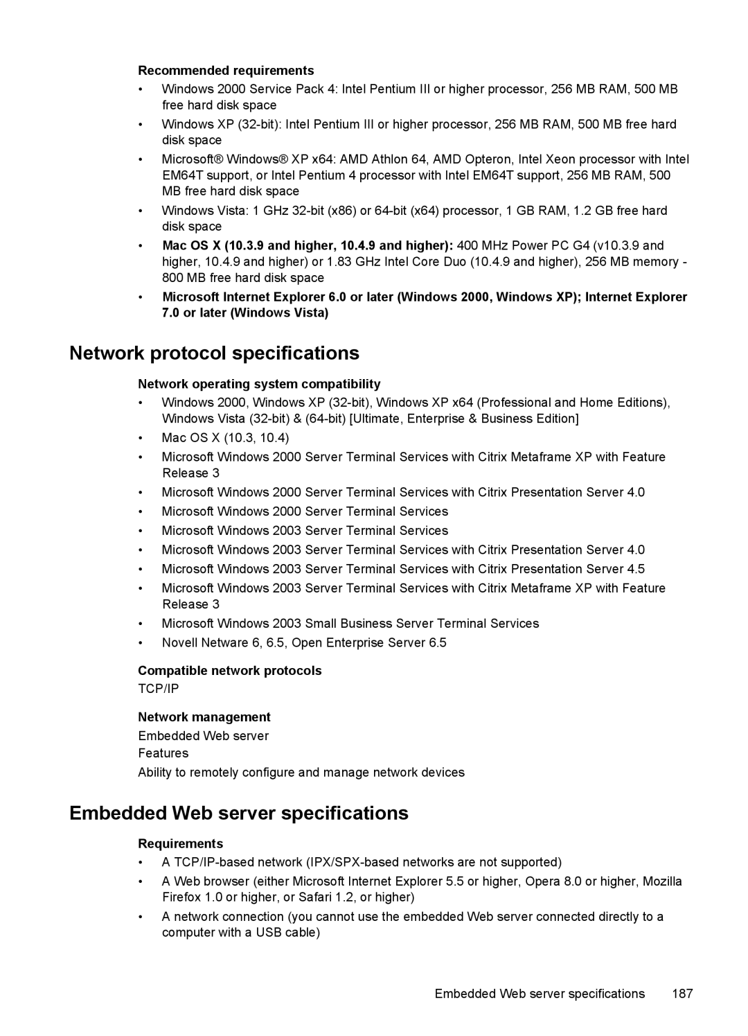 HP J6400 manual Network protocol specifications, Embedded Web server specifications 