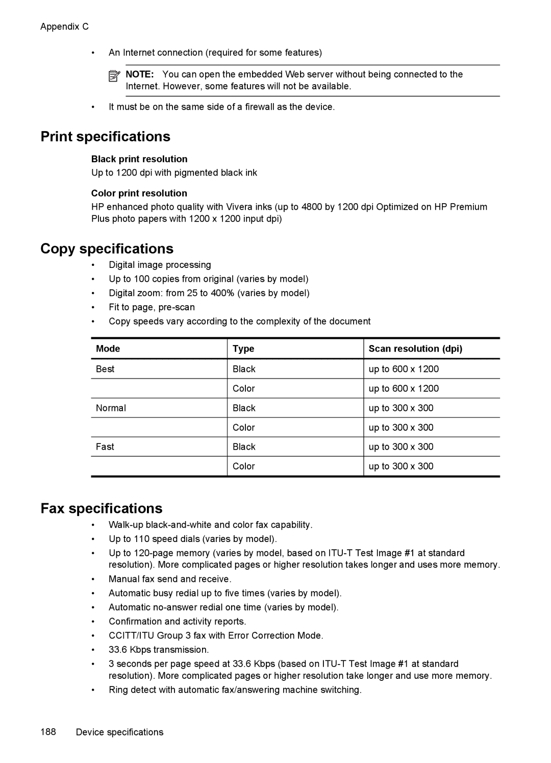 HP J6400 manual Print specifications, Copy specifications, Fax specifications 