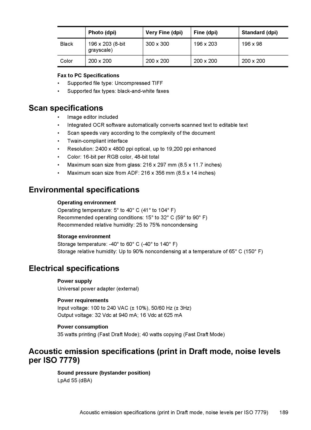 HP J6400 manual Scan specifications, Environmental specifications, Electrical specifications 