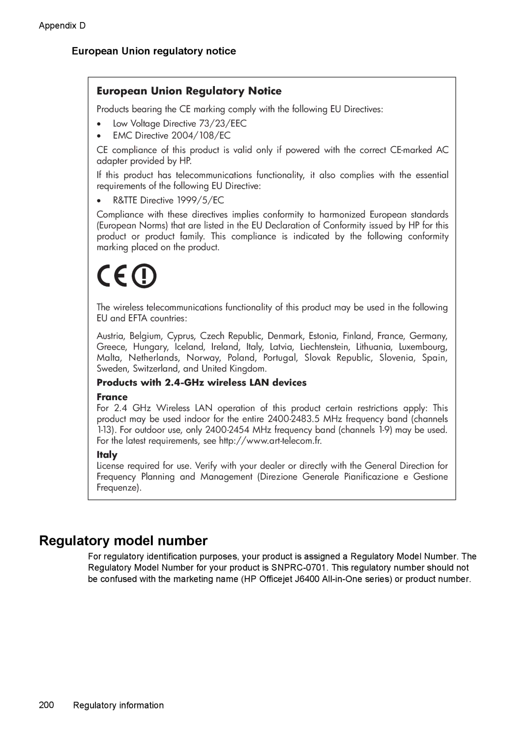 HP J6400 manual Regulatory model number, European Union regulatory notice 