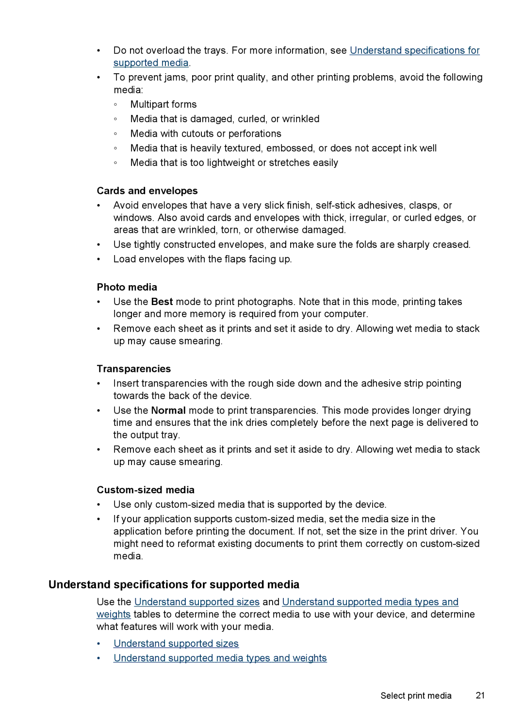 HP J6400 manual Understand specifications for supported media, Cards and envelopes, Photo media, Transparencies 