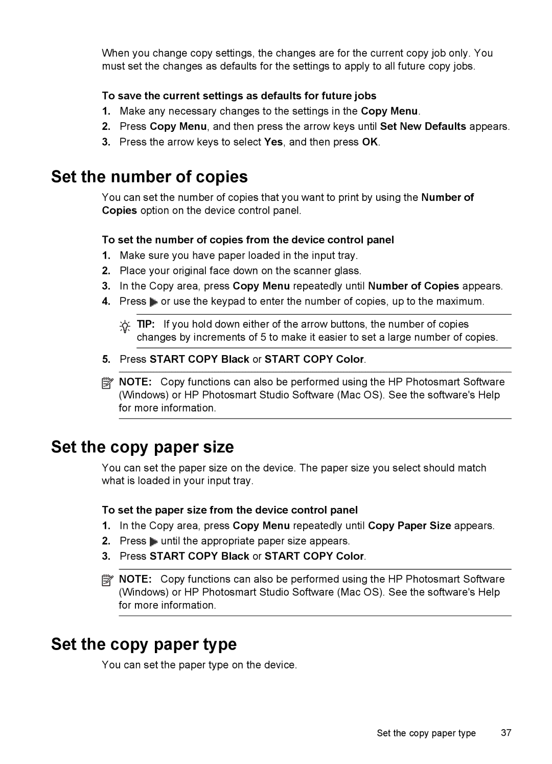 HP J6400 manual Set the number of copies, Set the copy paper size, Set the copy paper type 