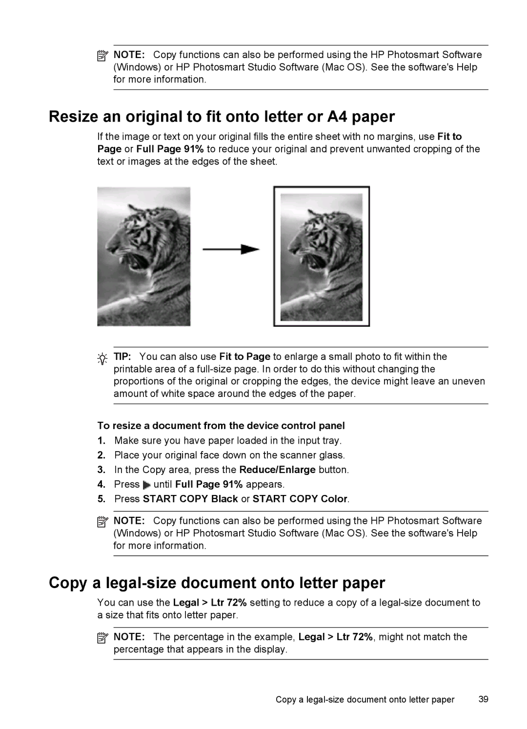 HP J6400 manual Resize an original to fit onto letter or A4 paper, Copy a legal-size document onto letter paper 