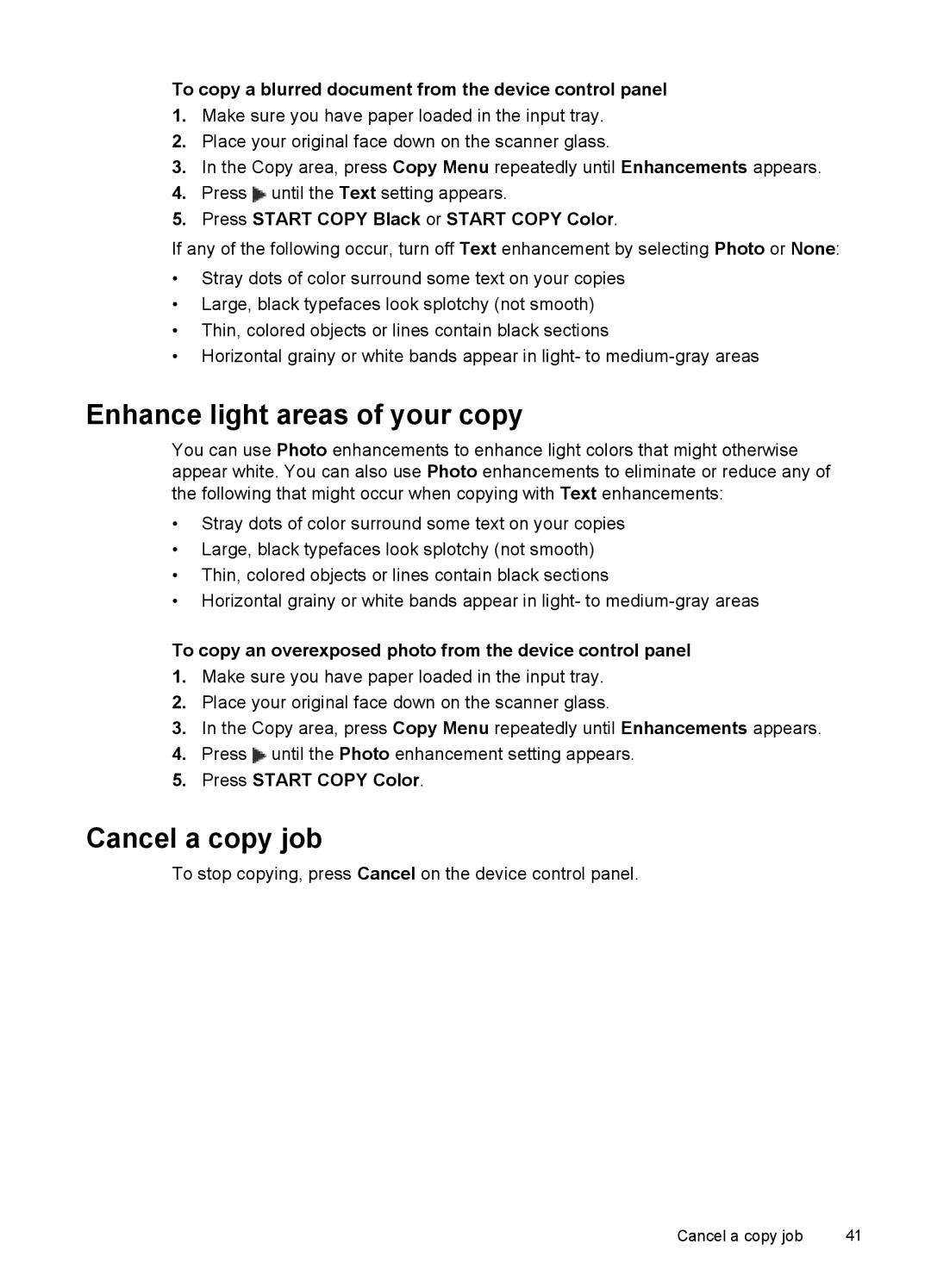 HP J6400 Enhance light areas of your copy, Cancel a copy job, To copy a blurred document from the device control panel 