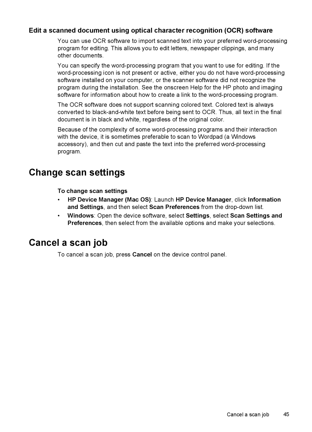 HP J6400 manual Change scan settings, Cancel a scan job 