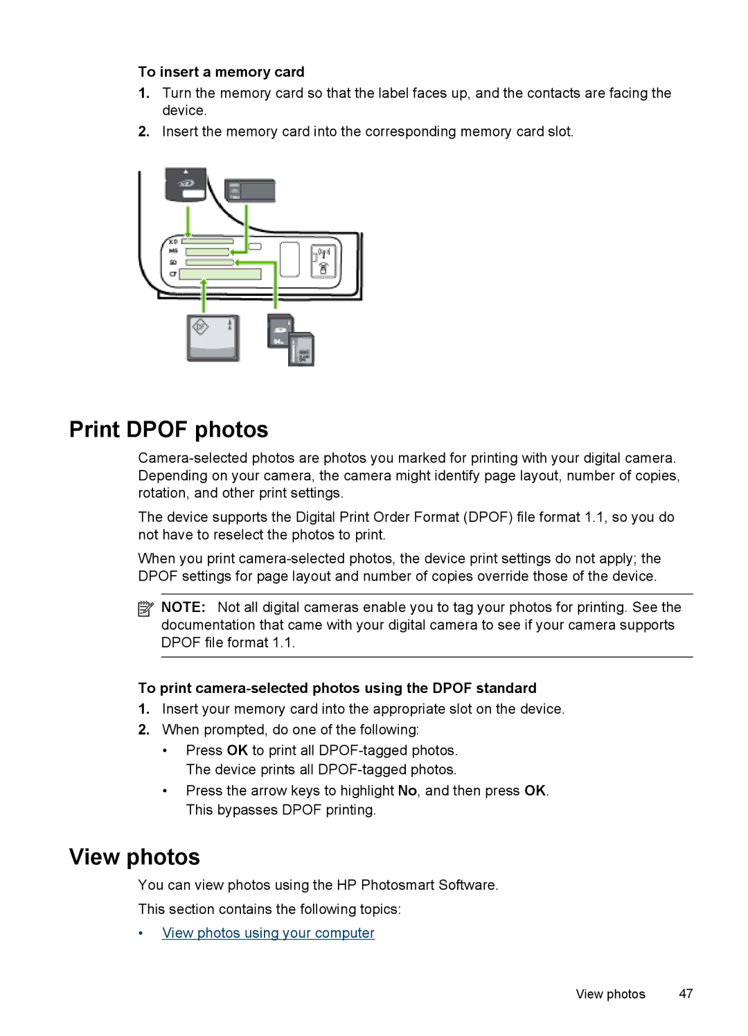 HP J6400 Print Dpof photos, View photos, To insert a memory card, To print camera-selected photos using the Dpof standard 