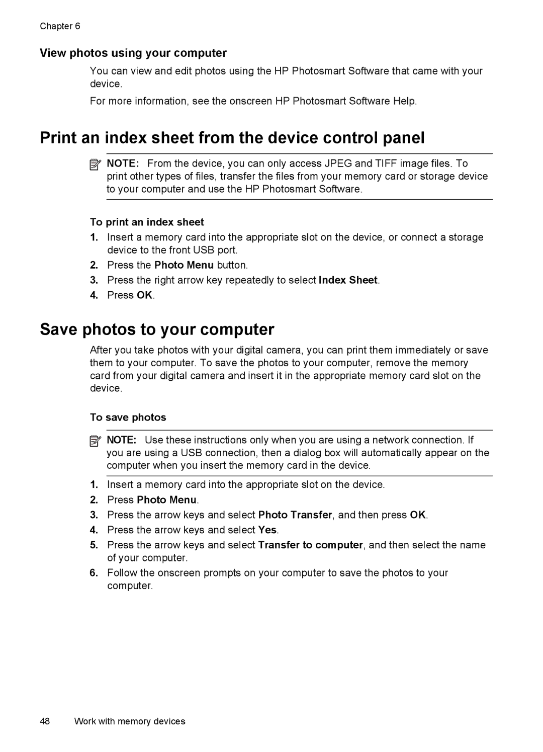 HP J6400 Print an index sheet from the device control panel, Save photos to your computer, View photos using your computer 