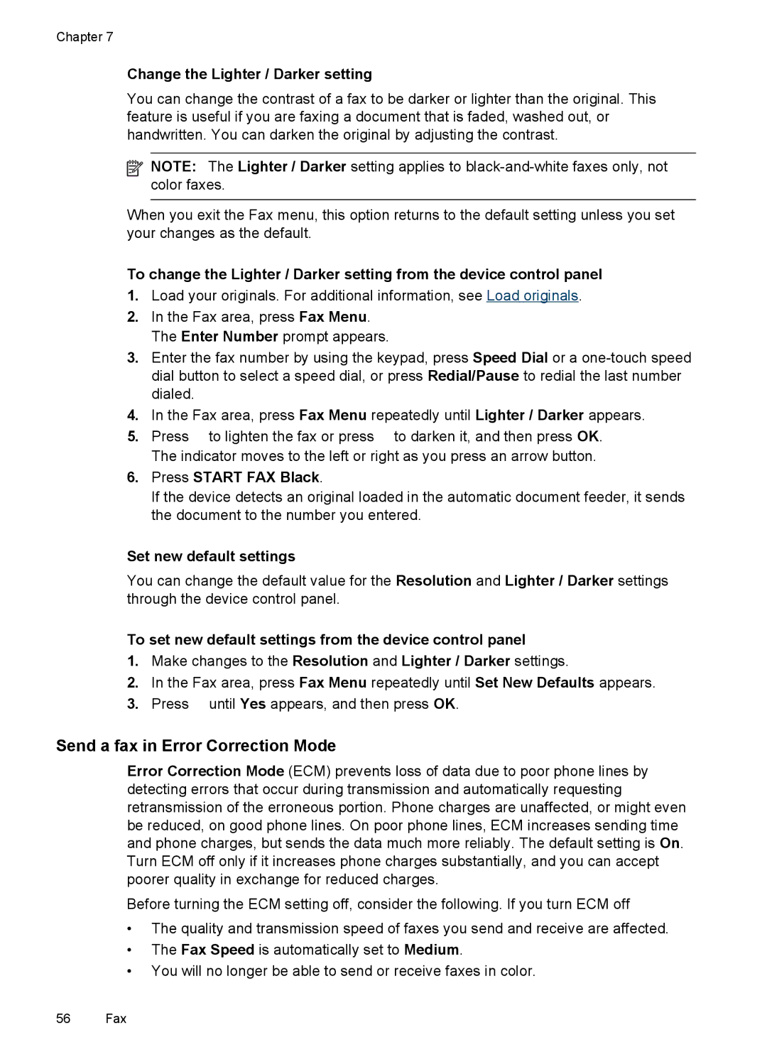 HP J6400 manual Send a fax in Error Correction Mode, Change the Lighter / Darker setting, Set new default settings 