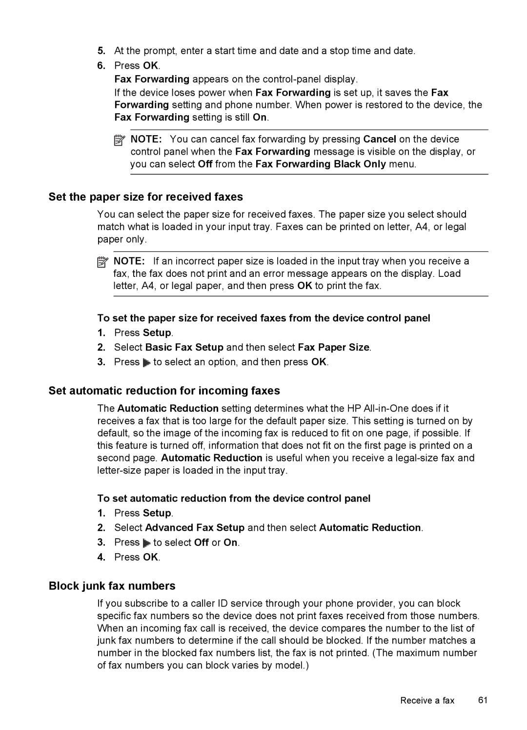 HP J6400 manual Set the paper size for received faxes, Set automatic reduction for incoming faxes, Block junk fax numbers 