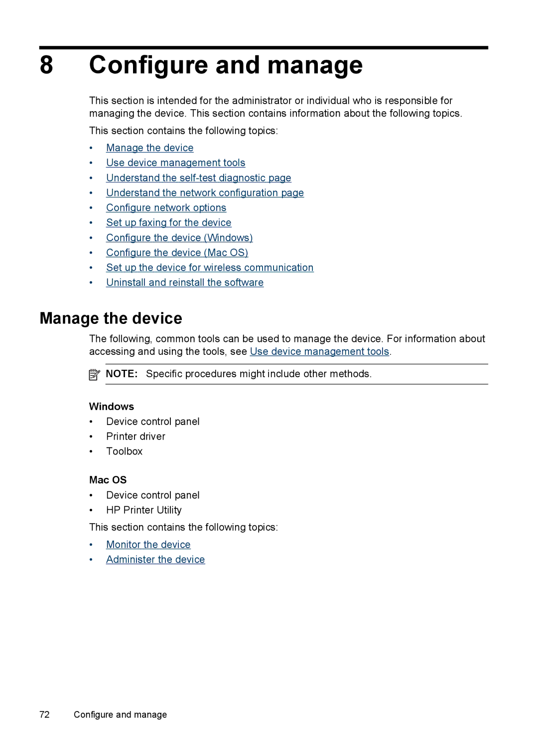 HP J6400 manual Configure and manage, Manage the device, Windows, Mac OS 