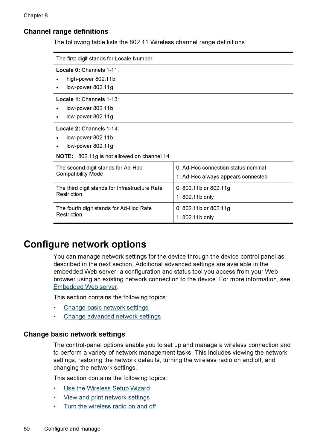 HP J6400 manual Configure network options, Channel range definitions, Change basic network settings 