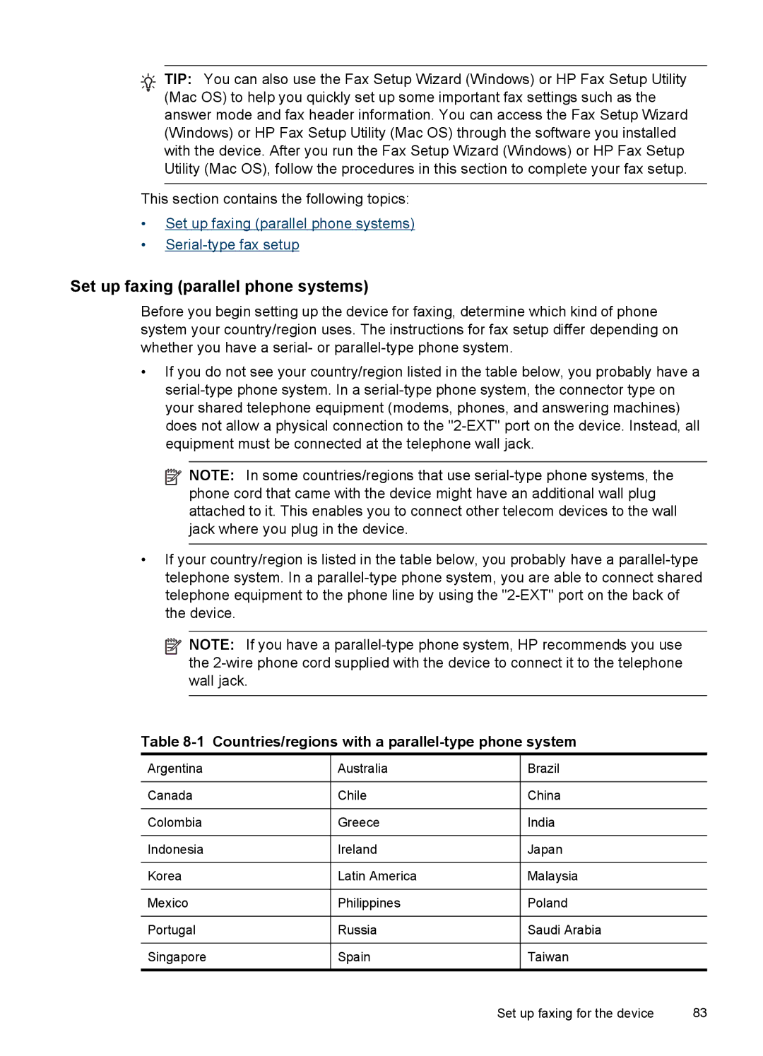 HP J6400 manual Set up faxing parallel phone systems, Countries/regions with a parallel-type phone system 